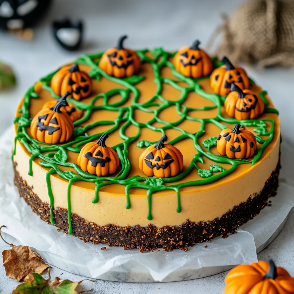 Pumpkin Patch Cheesecake with Spiced Pumpkin Filling and Autumn Decorations - main view